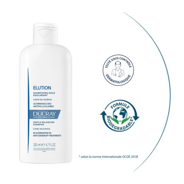 ducray — shampooing doux équilibrant — shampoing doux antipelliculaire — elution 200 ml